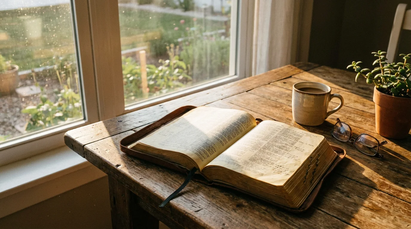Open Bible on a table in warm morning light symbolizing hope and victory in Christ