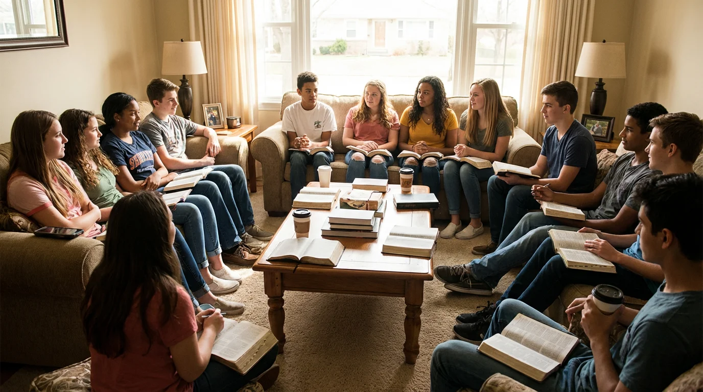 Teenagers and a mentor reading the Bible together in a warm youth group setting