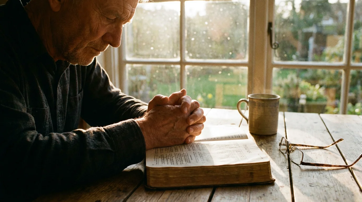 Open Bible on a table beside a mug as a person prays in soft morning light