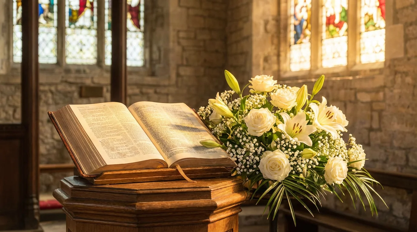 Open Bible beside white flowers in a quiet church prepared for a funeral service