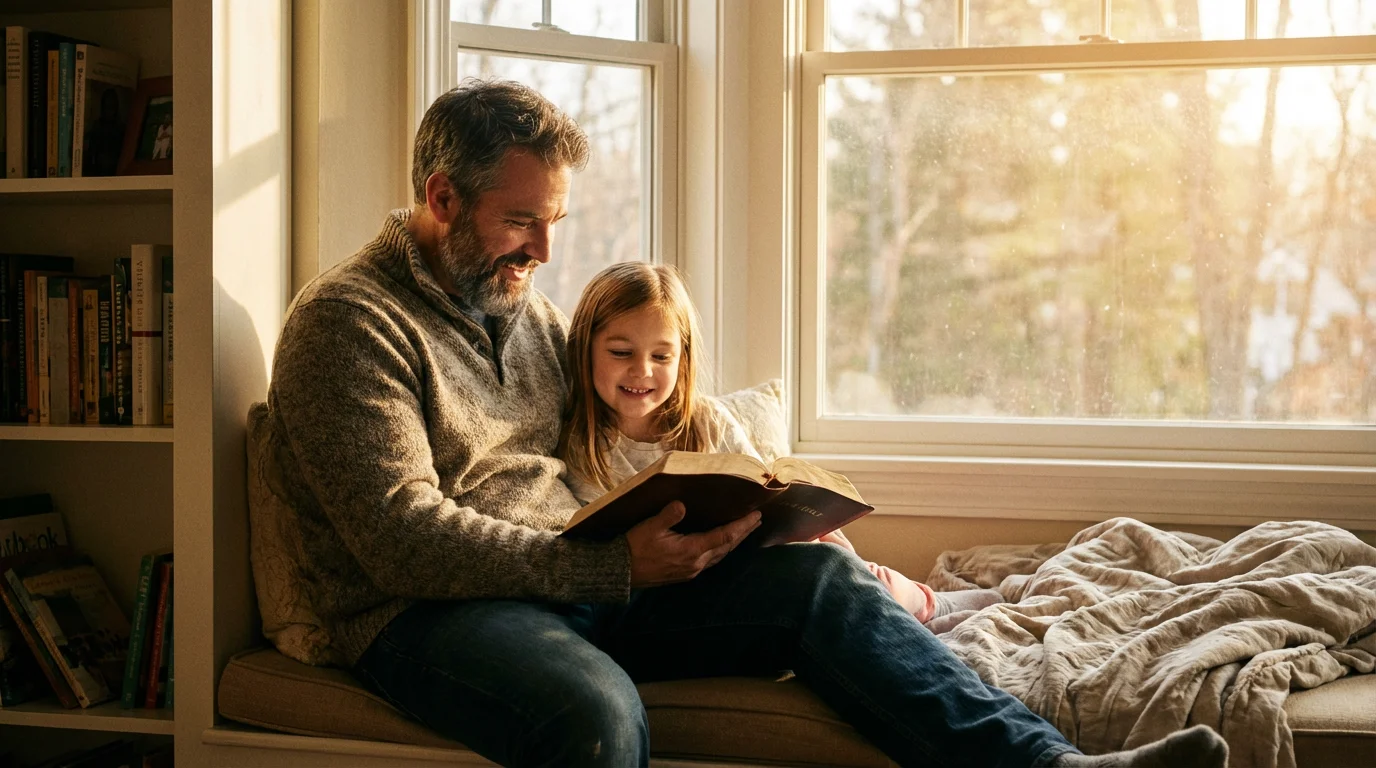 Father reading the Bible with his child at the kitchen table