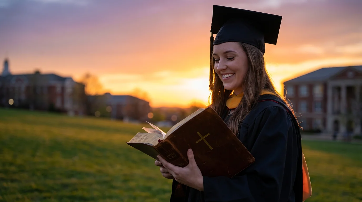 Graduate in cap and gown holding an open Bible outdoors at sunset