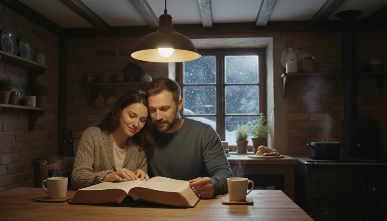 Husband and wife reading the Bible together at a kitchen table