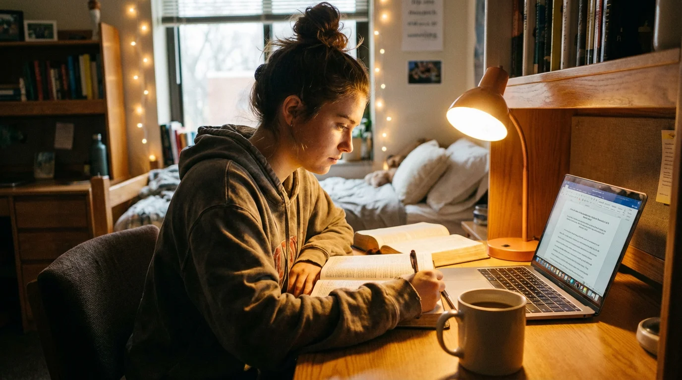 Student studying at a table with an open Bible, notebook, and laptop