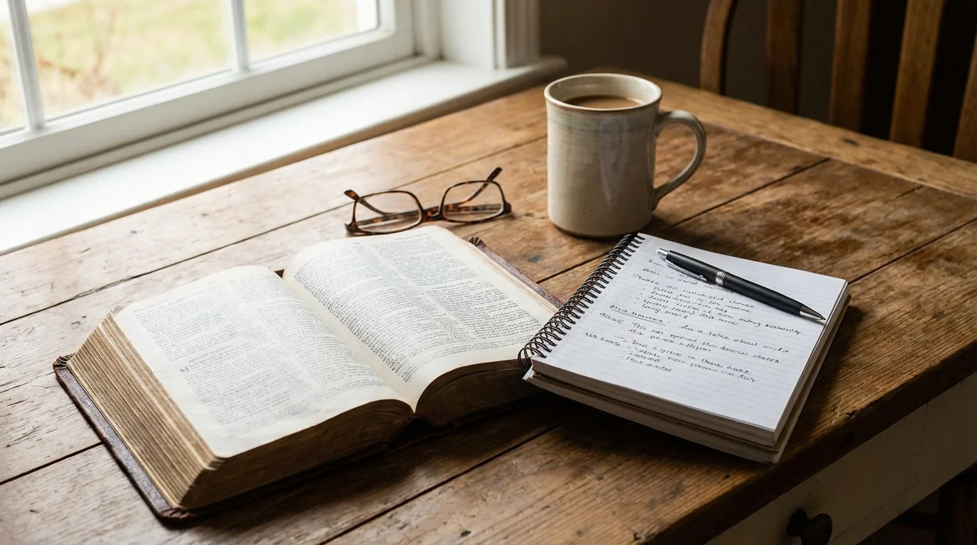 Open Bible and notebook on a kitchen table in morning light as someone reflects on Scripture about success