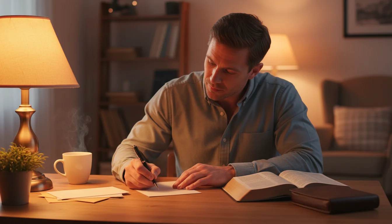 Husband writing a heartfelt card for his wife with an open Bible beside him
