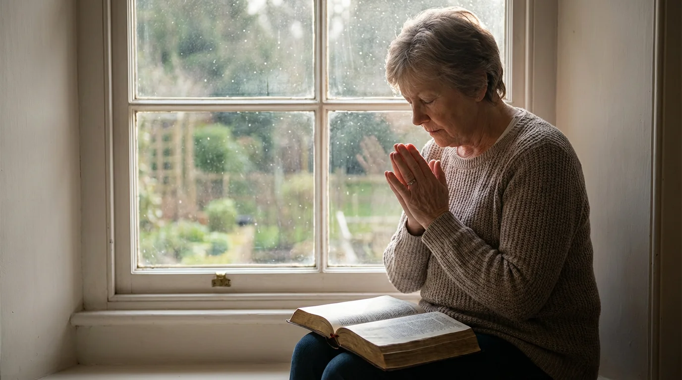 Woman resting with an open Bible and praying for healing by a window