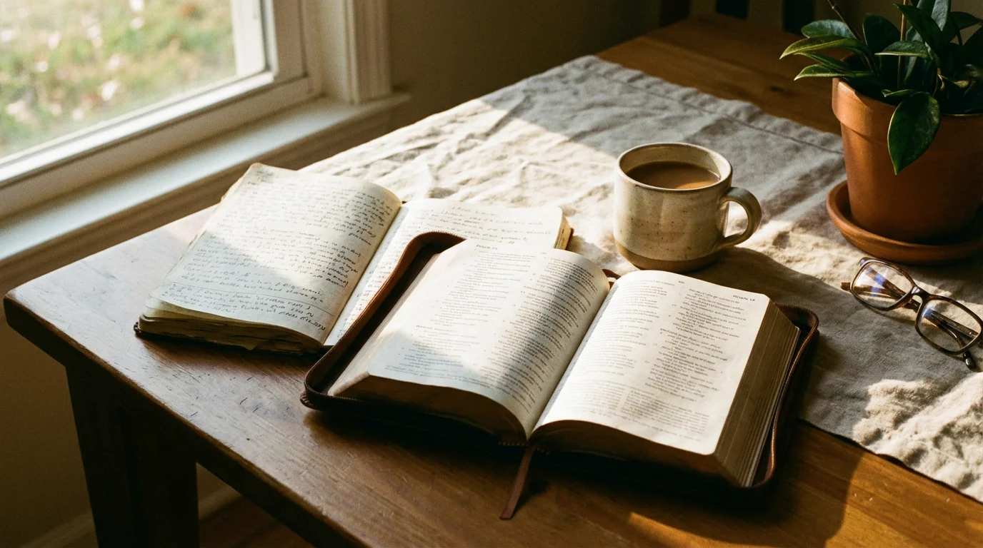 Open Bible, journal, and coffee on a table in warm morning light