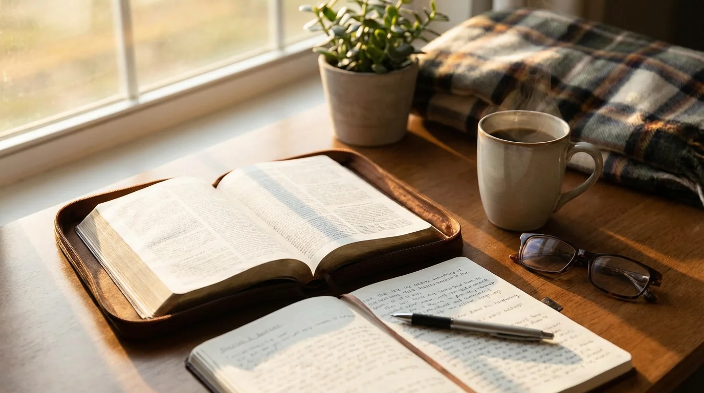 Open Bible with journal and coffee in morning light representing knowledge and wisdom from Scripture
