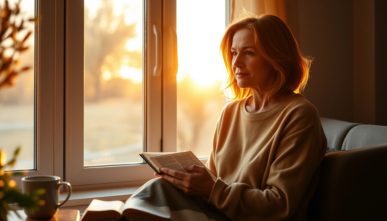 Woman sitting by a window at sunrise reading her Bible and waiting in prayer