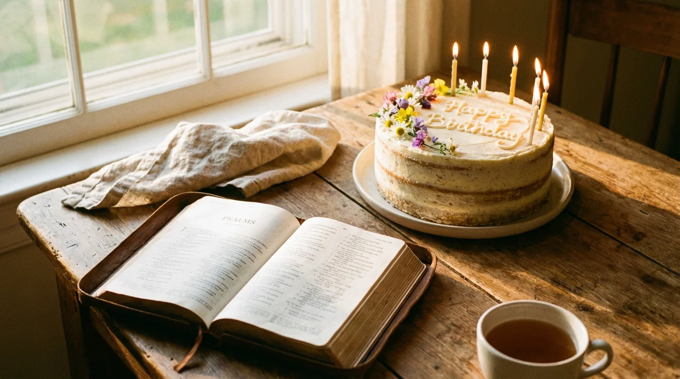 A birthday cake with glowing candles beside an open Bible on a rustic wooden table in warm morning light