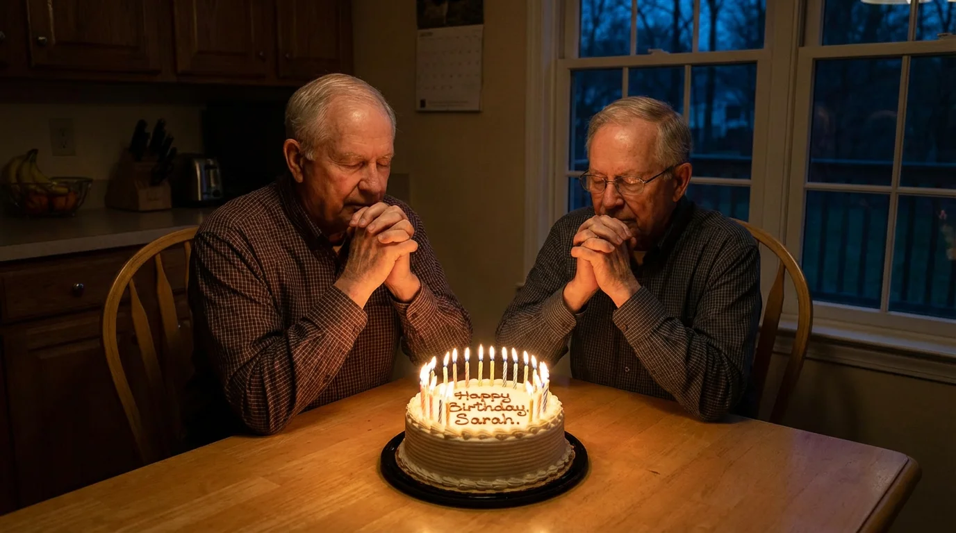 Two people holding hands in prayer beside a birthday cake with lit candles in warm candlelight