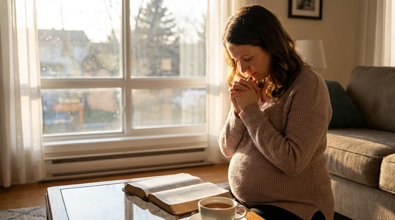 Pregnant woman praying peacefully with hands on her belly in a sunlit room with an open Bible nearby
