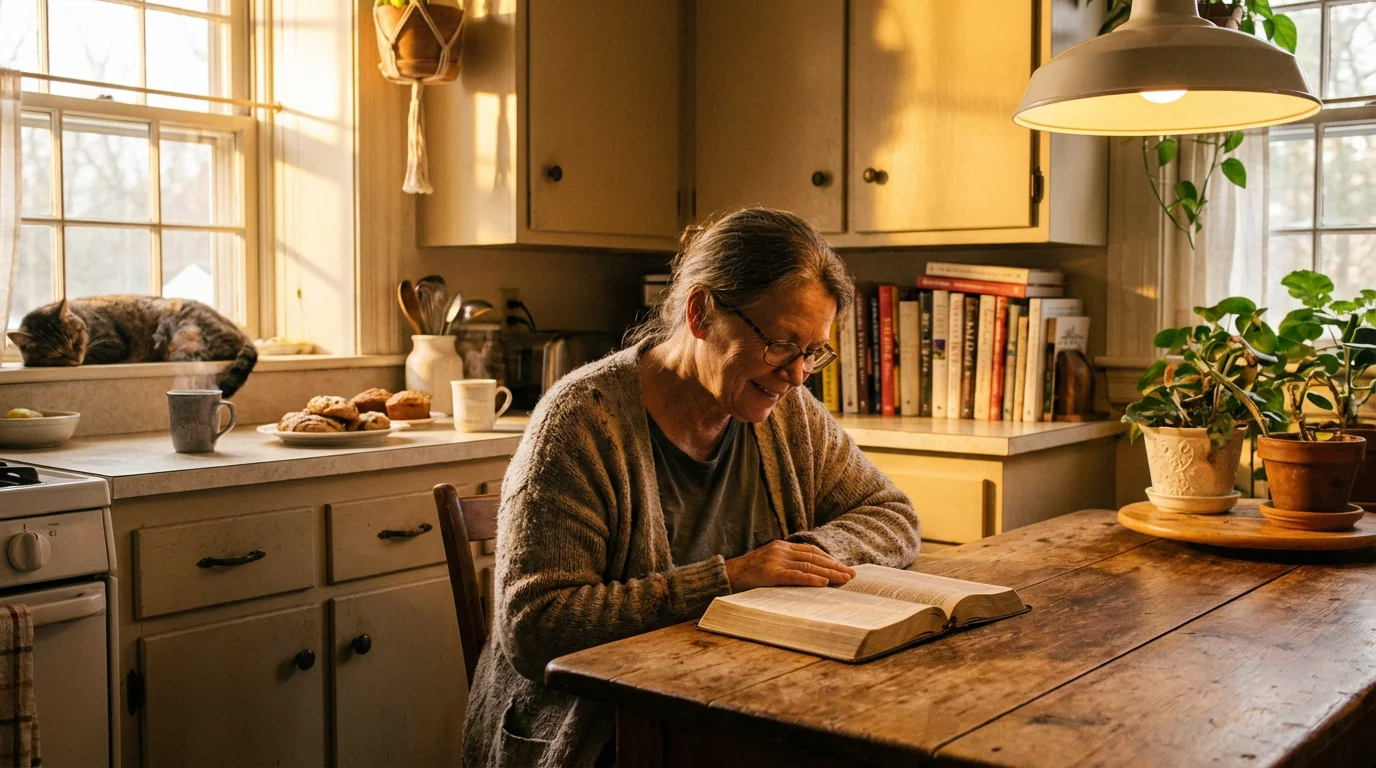 A person reading the Bible at a kitchen table in warm morning light with a cup of coffee nearby