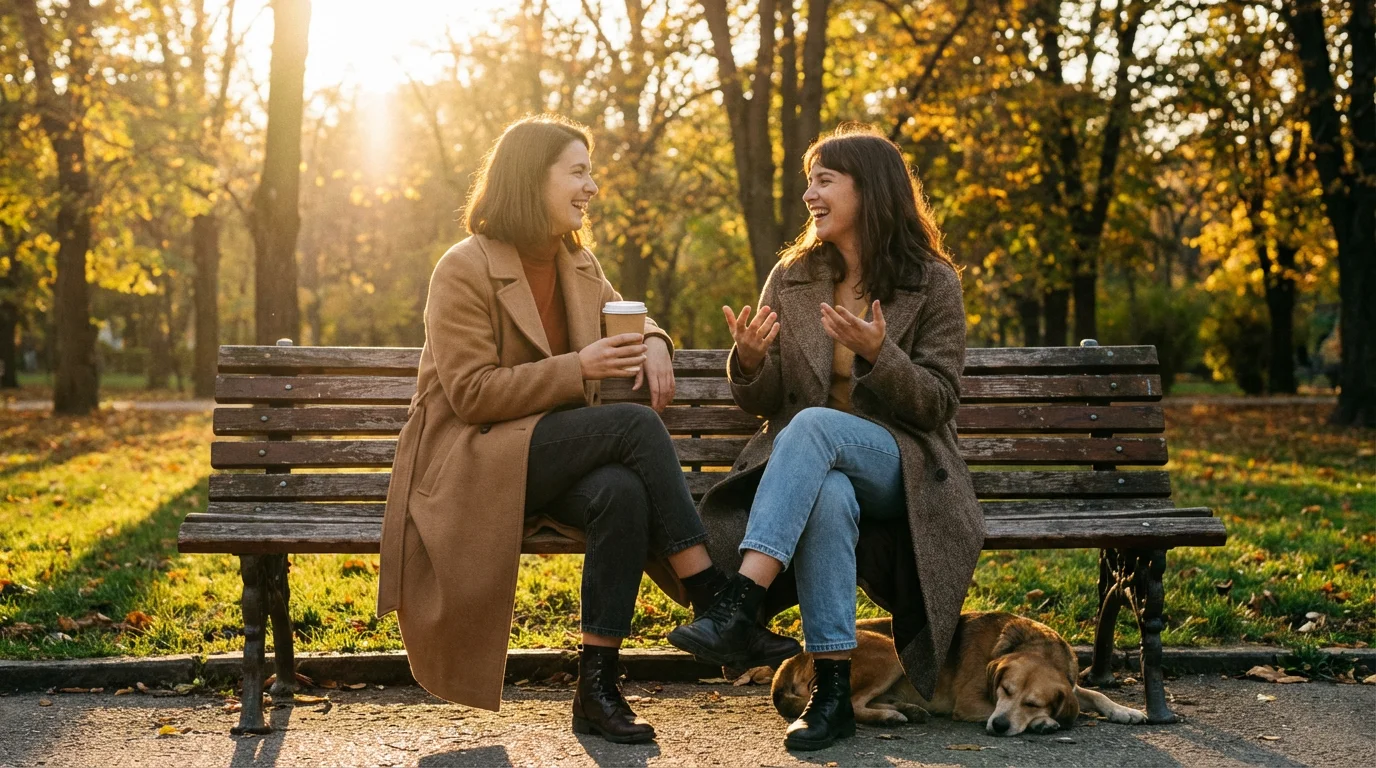 Two friends sitting on a garden bench sharing an encouraging conversation in warm sunlight