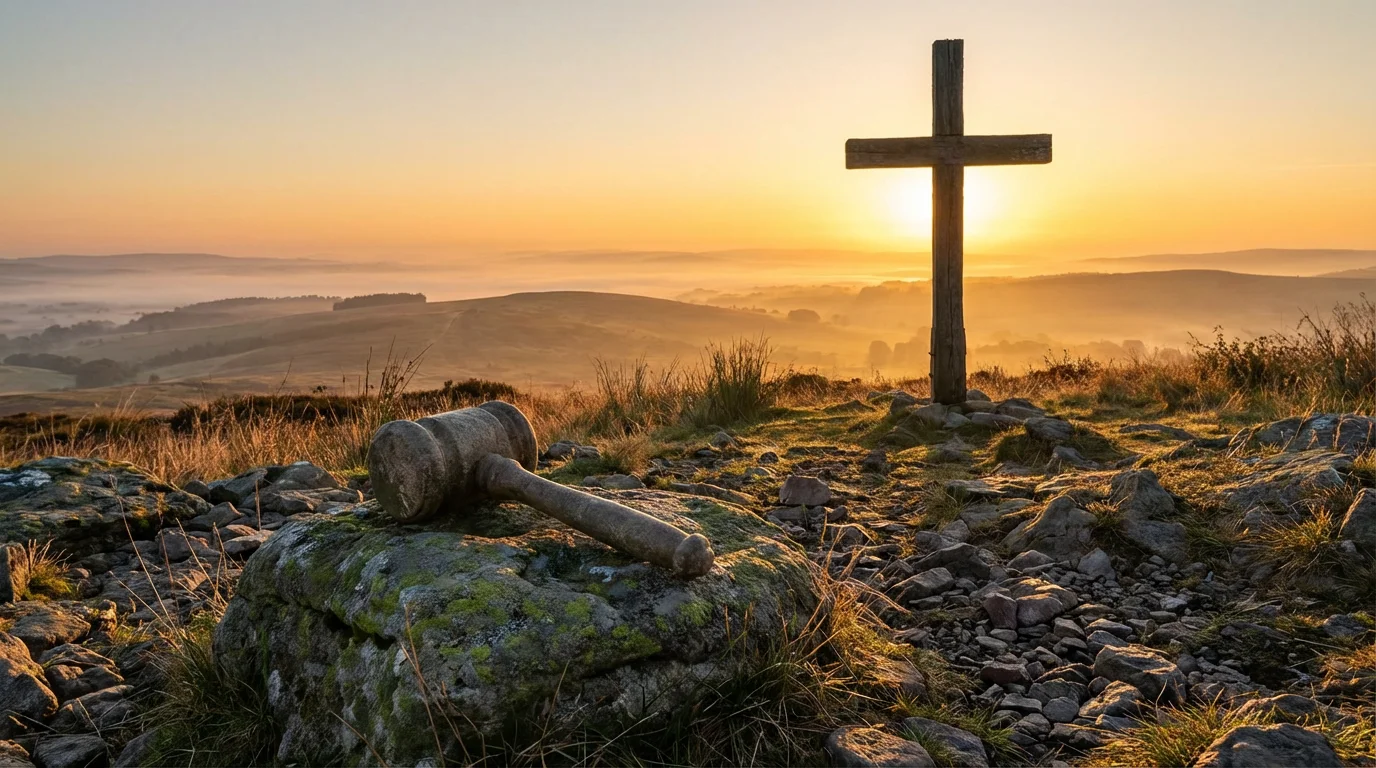 A wooden cross on a sunrise hillside with a judge's gavel resting on stone in the foreground, symbolizing God's verdict of justification