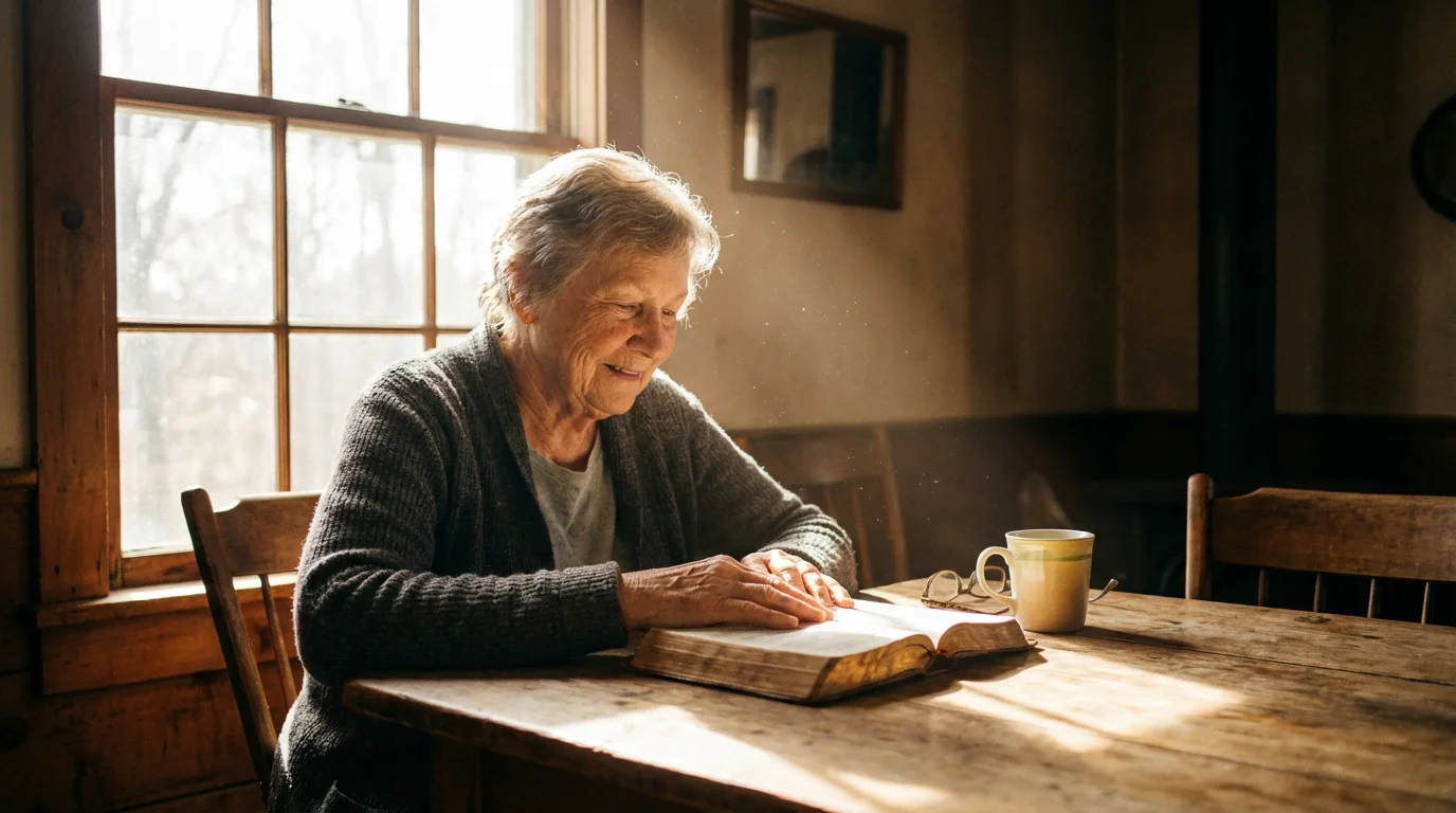 Person reading the Bible at a sunlit table with coffee and a journal, bathed in warm morning light