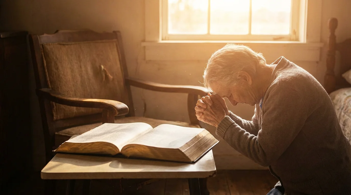A person kneeling in prayer beside a chair with an open Bible in warm golden light