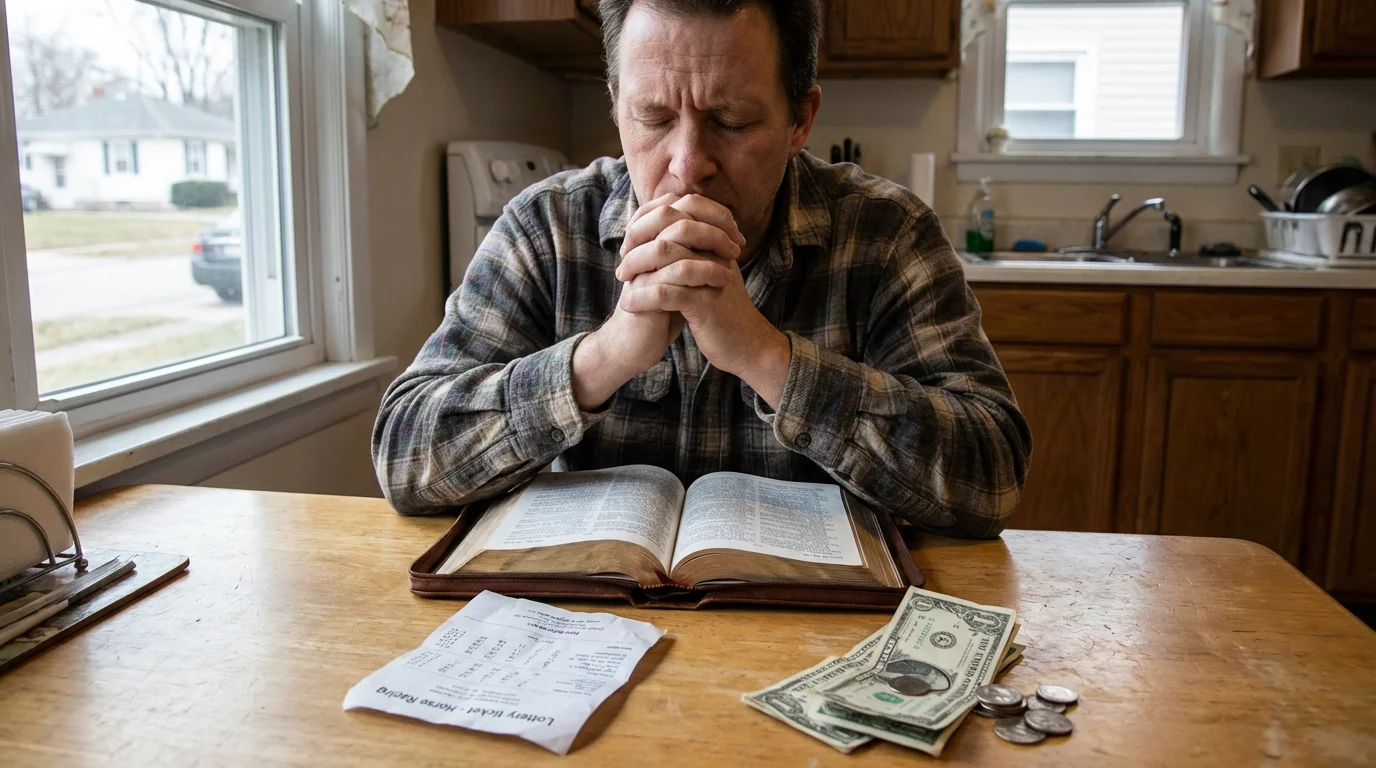 A person prayerfully considering money, a Bible, and a gambling slip at a kitchen table