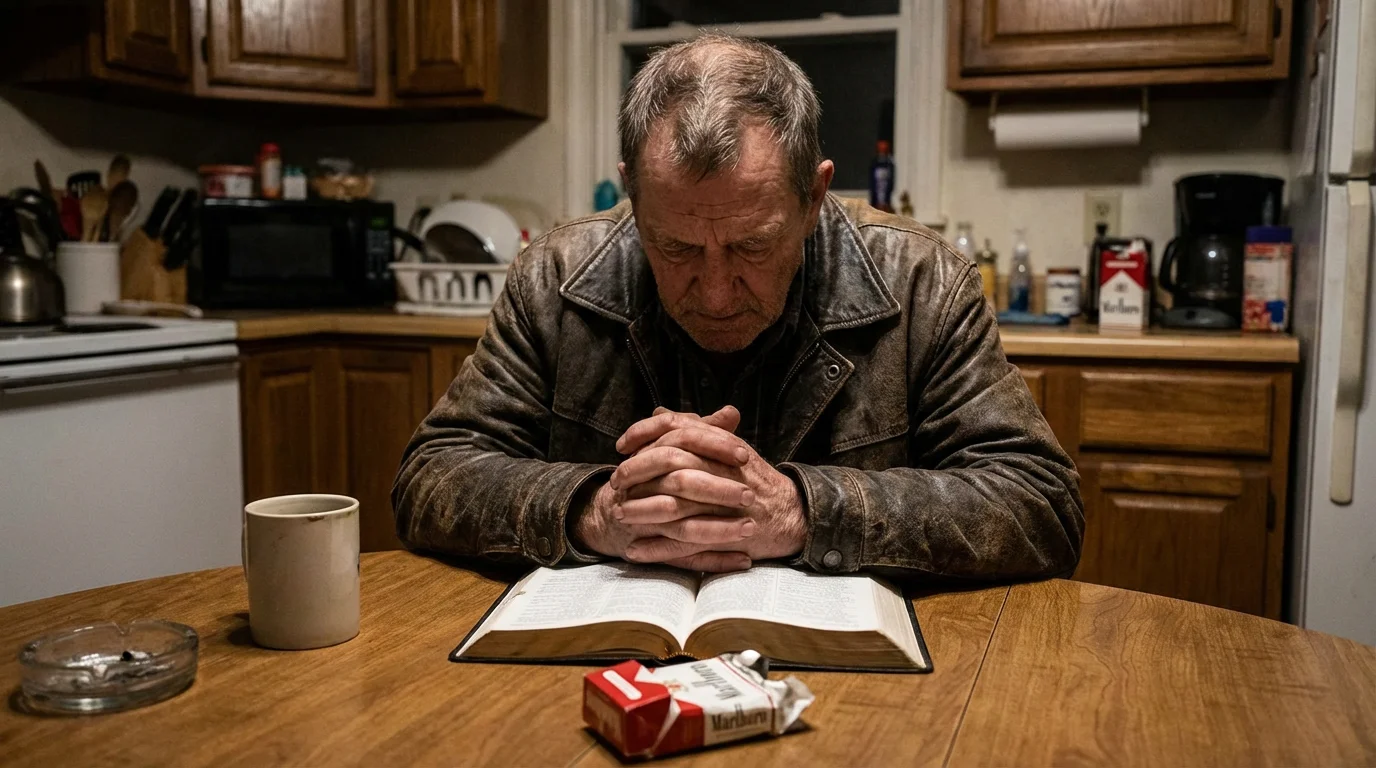 Person sitting with an open Bible and a cigarette pack on the table, thinking prayerfully