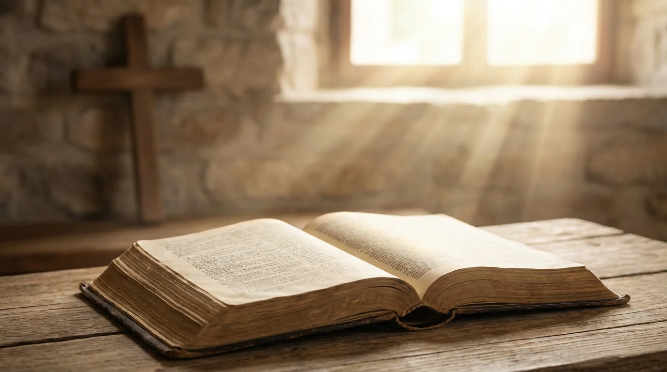 Open Bible on a wooden table with warm sunlight and a cross in the background