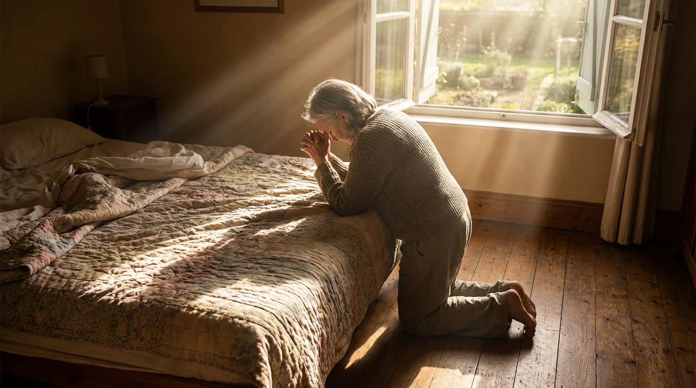 Person kneeling in prayer beside a bed with morning sunlight streaming through curtains and an open Bible nearby