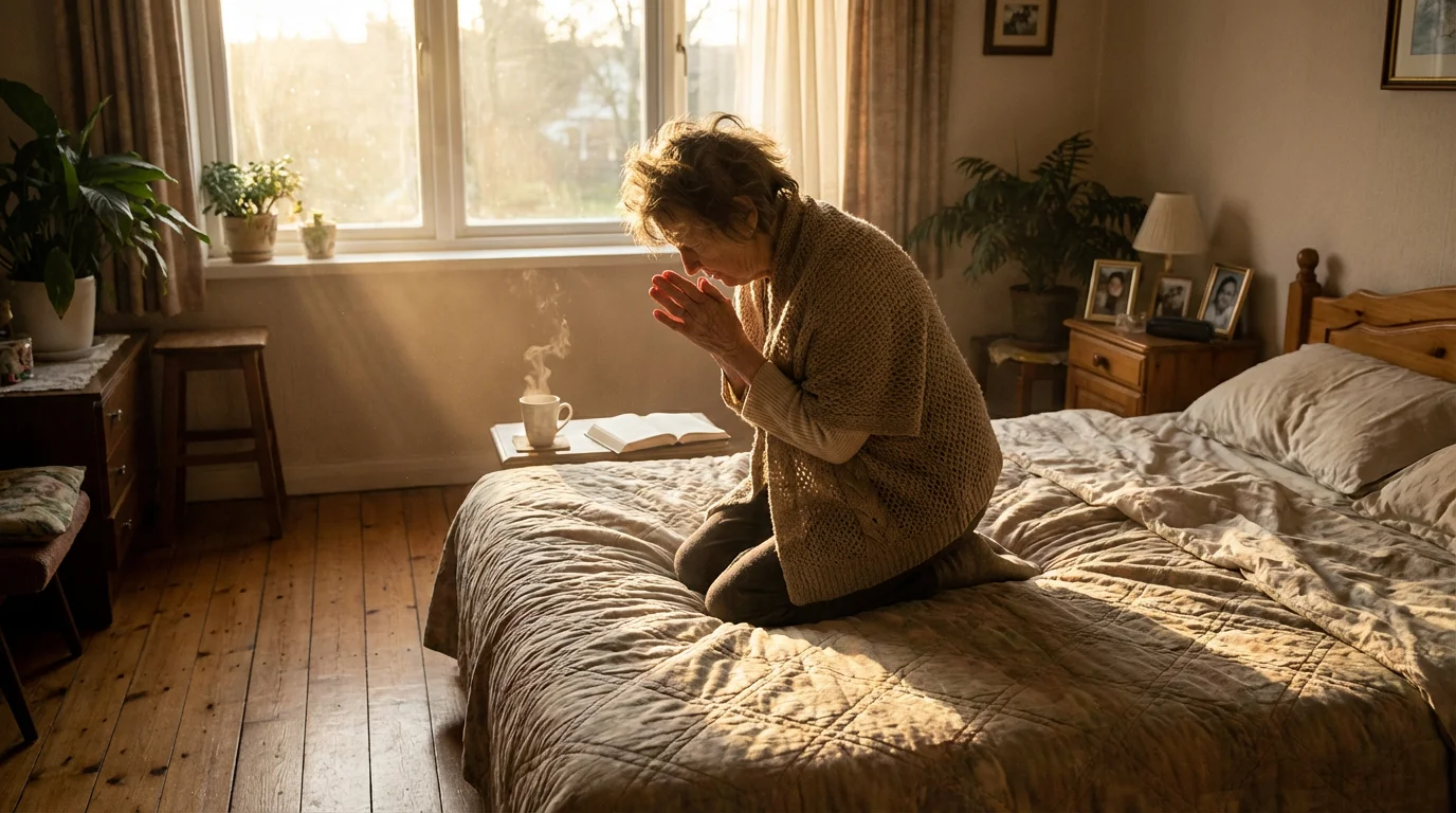 Person sitting on a bed praying in warm morning sunlight with an open Bible on the nightstand
