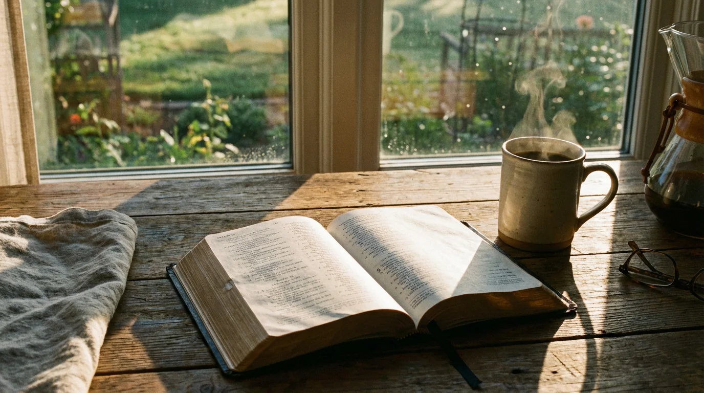An open Bible on a wooden table beside a cup of coffee in warm morning light, creating an inviting devotional scene