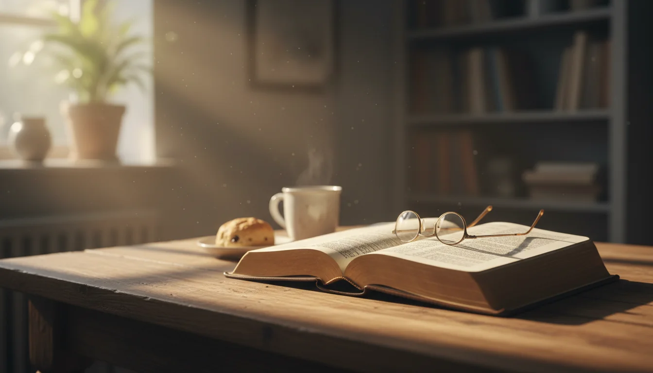 An open Bible on a wooden table bathed in warm morning sunlight beside a window