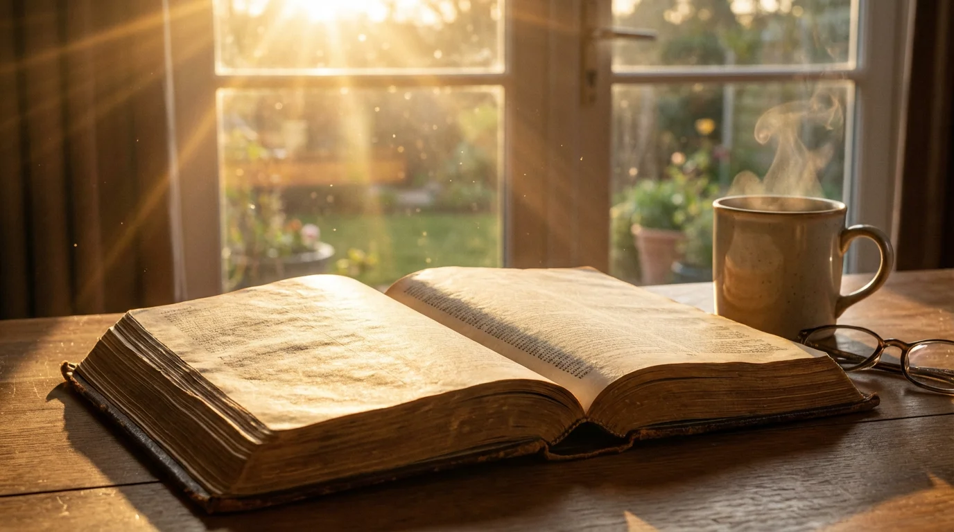 An open Bible on a wooden table bathed in warm morning sunlight from a nearby window