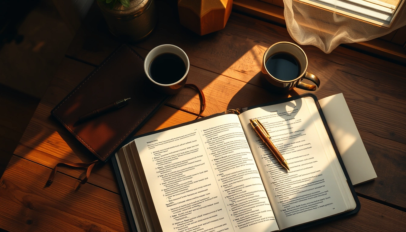 Open Bible and journal on a wooden table in warm morning light