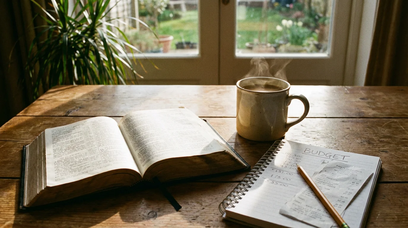 An open Bible on a wooden table beside a coffee mug and a simple handwritten budget, bathed in warm morning light