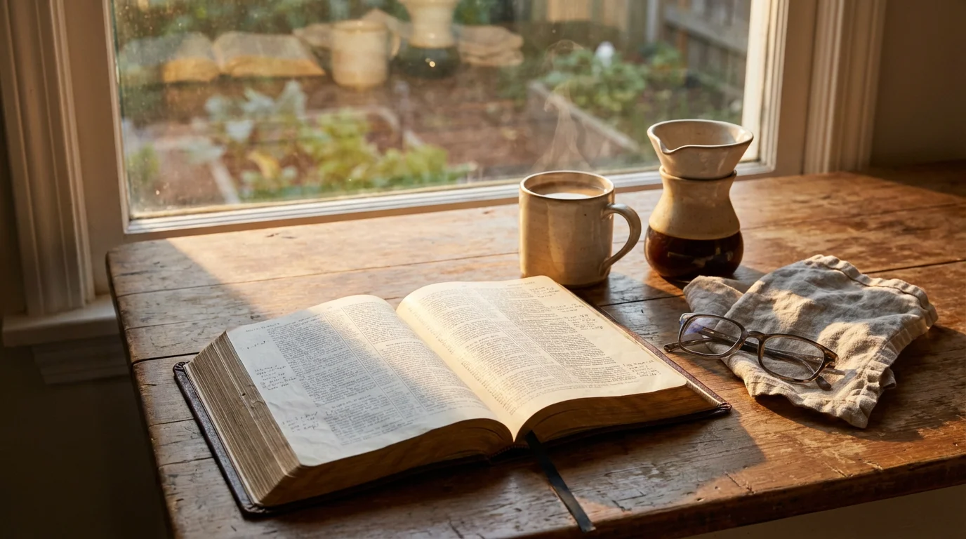 An open Bible on a wooden table bathed in warm morning light beside a coffee mug