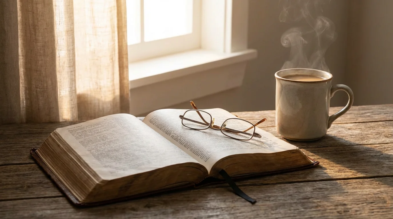An open Bible on a wooden table bathed in soft morning light next to a coffee mug