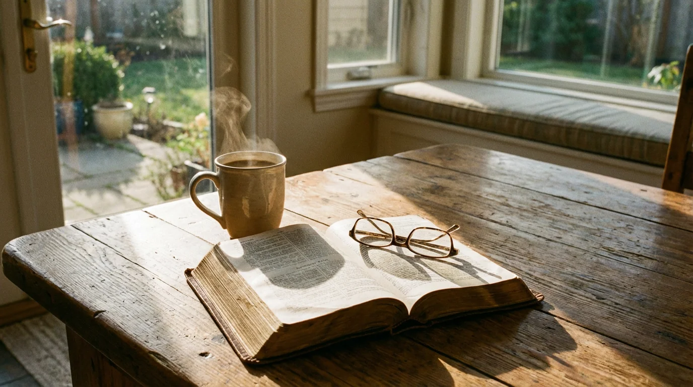 An open Bible on a wooden table bathed in warm morning sunlight beside a cup of coffee