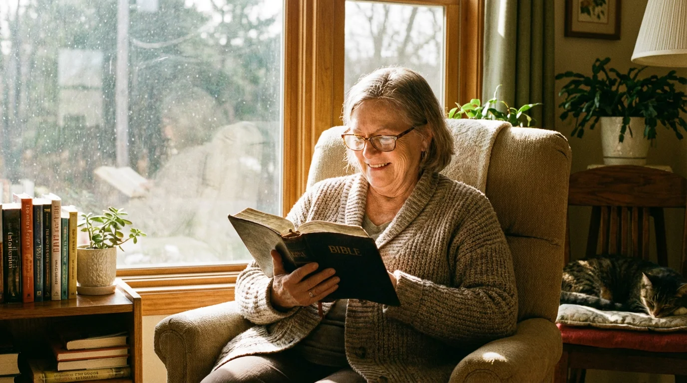A person reading the Bible in a sunlit armchair by a window with a cup of tea, in a peaceful morning setting