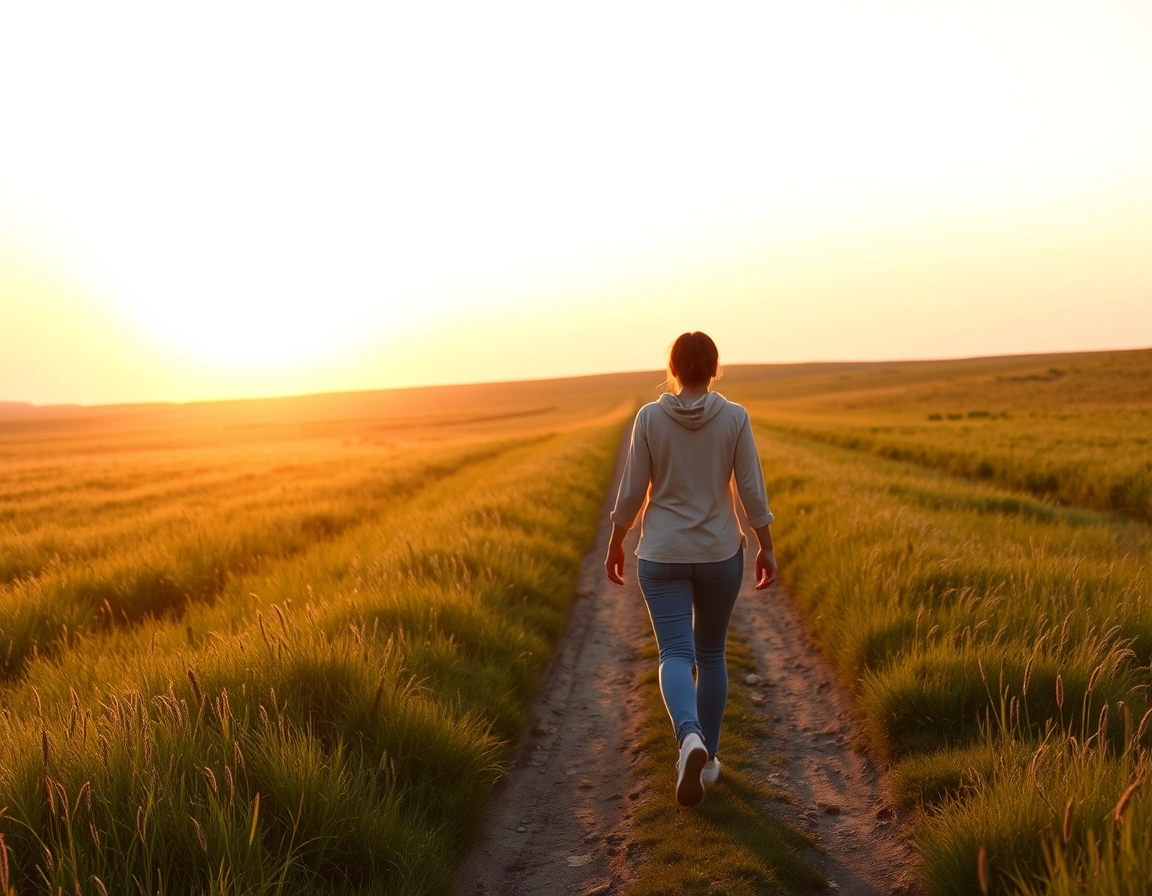 A person walking along a sunlit path toward a golden sunrise through a green meadow