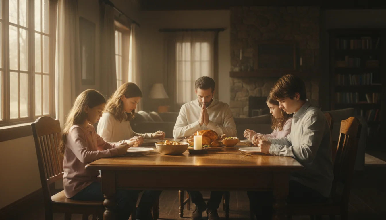Family praying together before a simple meal at the dinner table