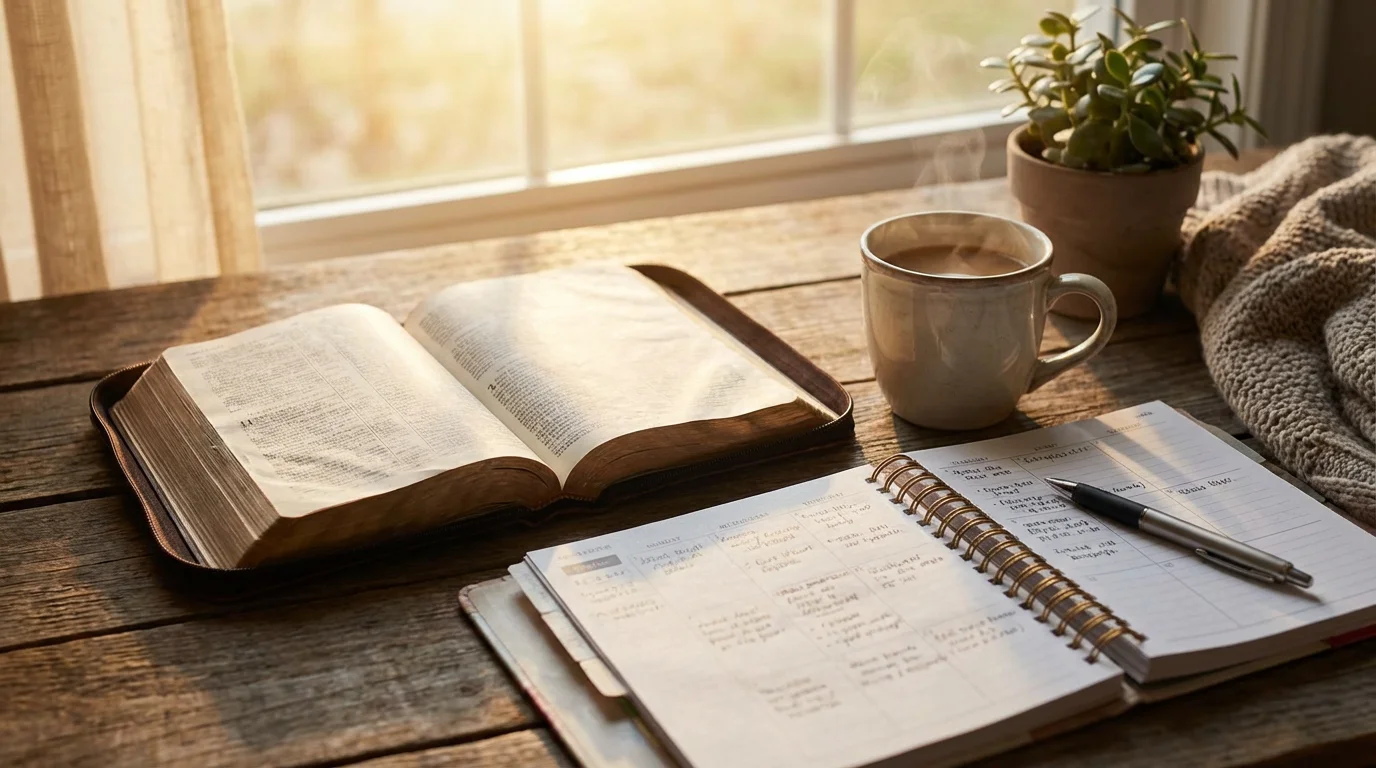 Open Bible, planner, and coffee on a table in soft morning light for a new week prayer time