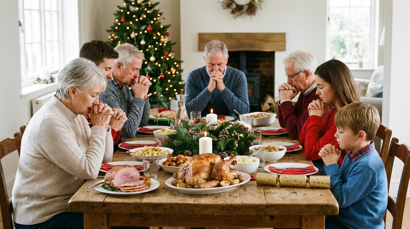 Family bowing in prayer around a Christmas dinner table