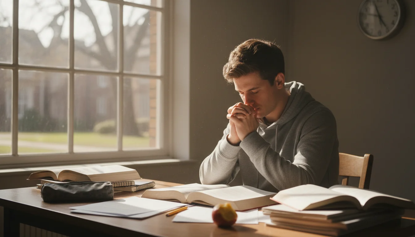 Student praying before an exam with books on desk