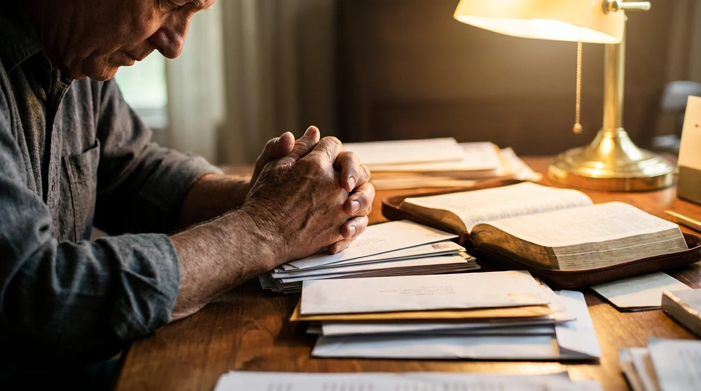 Person praying over bills with an open Bible at a kitchen table