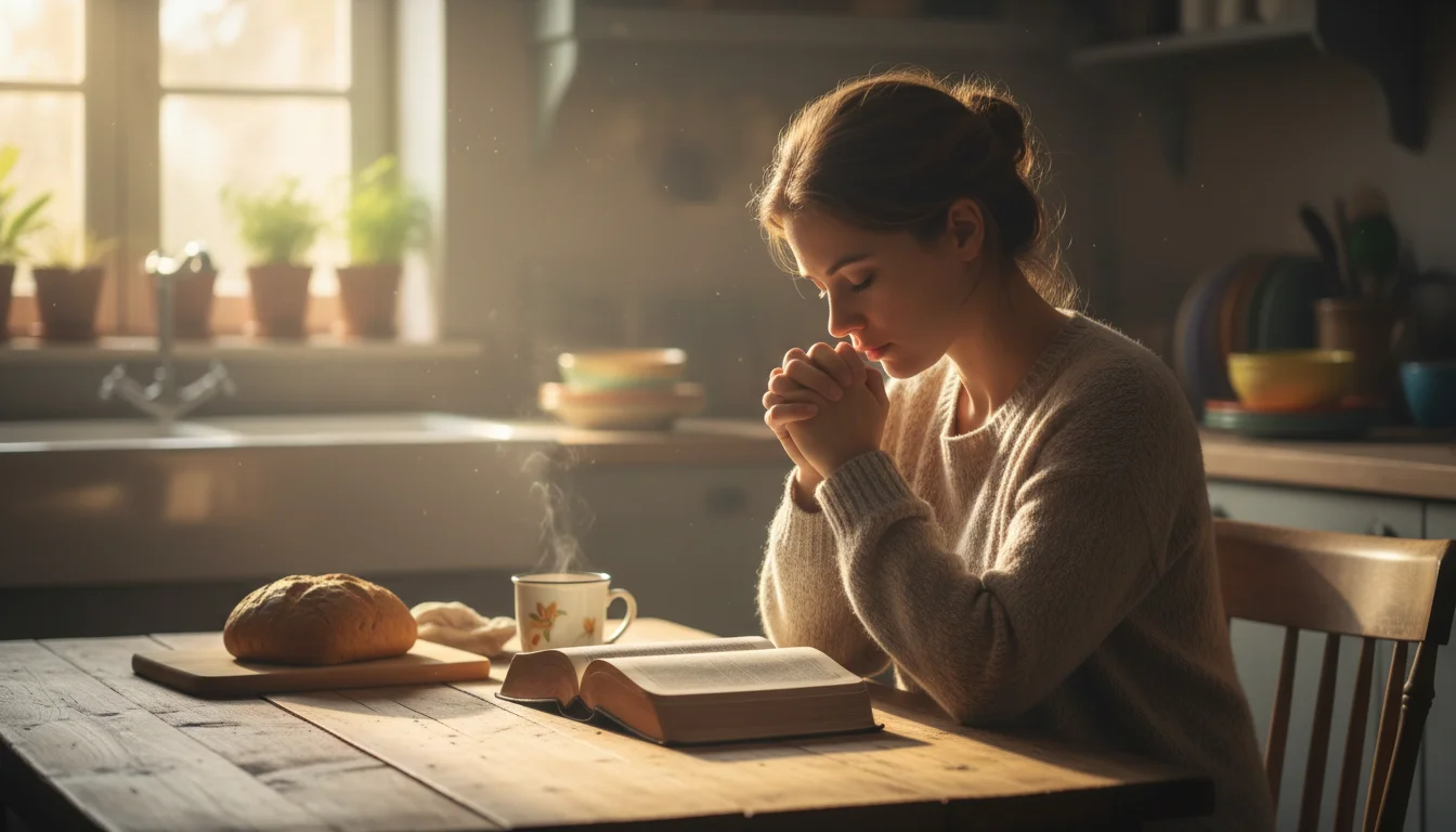 Woman praying at a kitchen table for a hurting friend