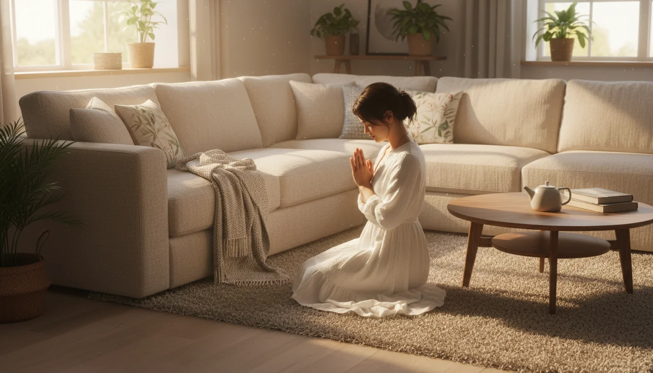 A woman kneeling in prayer beside a couch in a warmly lit living room with morning sunlight streaming through the window