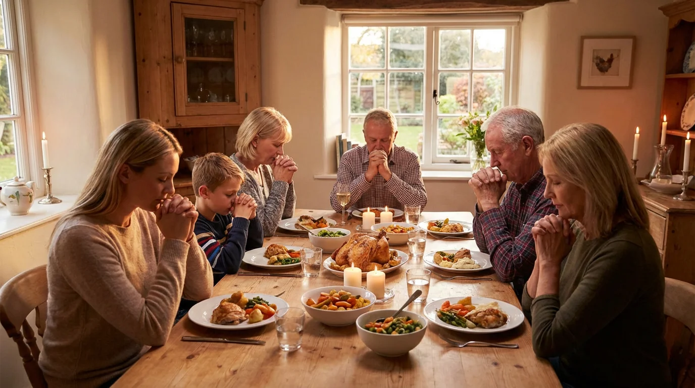 Family gathered around a table praying together at home