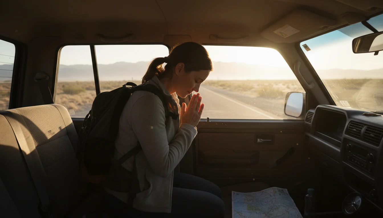 Traveler praying in a car at sunrise before starting a journey