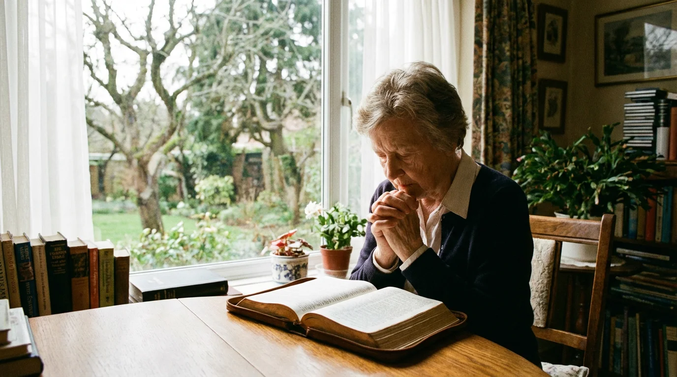 Woman praying by a window with an open Bible, seeking serenity in God’s presence