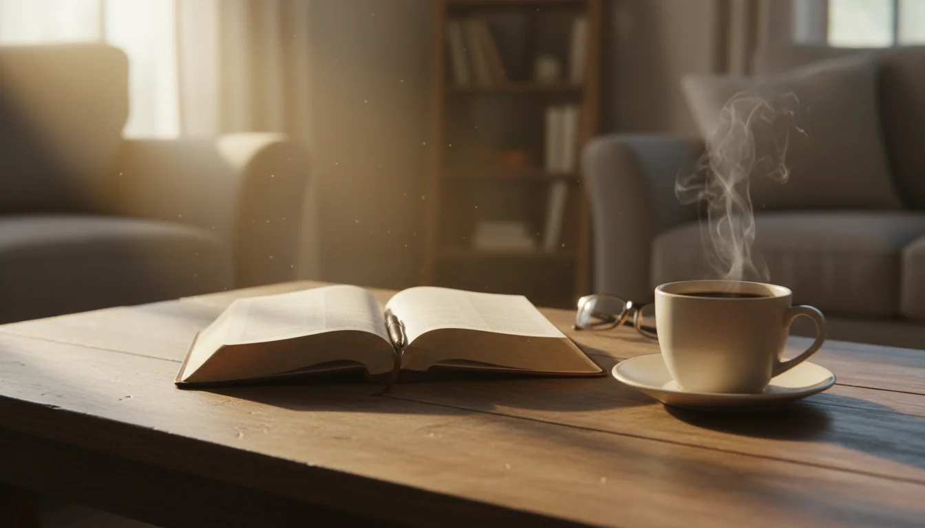 Open Bible and coffee on a table in soft morning light