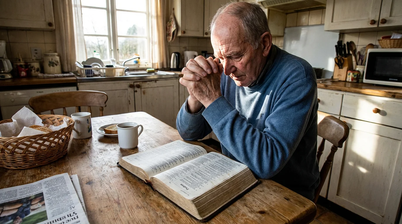 Believer praying at a kitchen table with an open Bible while processing deep hurt.