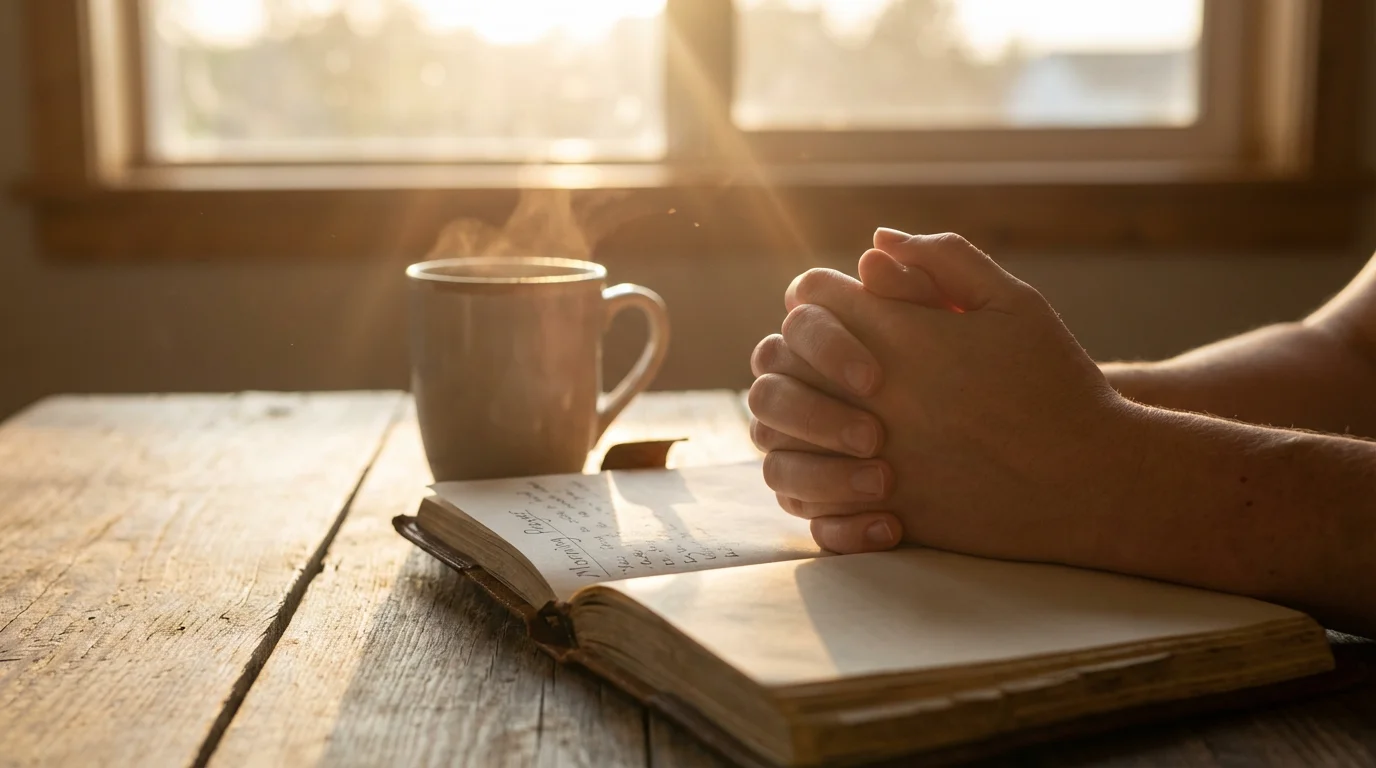 Warm morning light on hands folded over a prayer journal